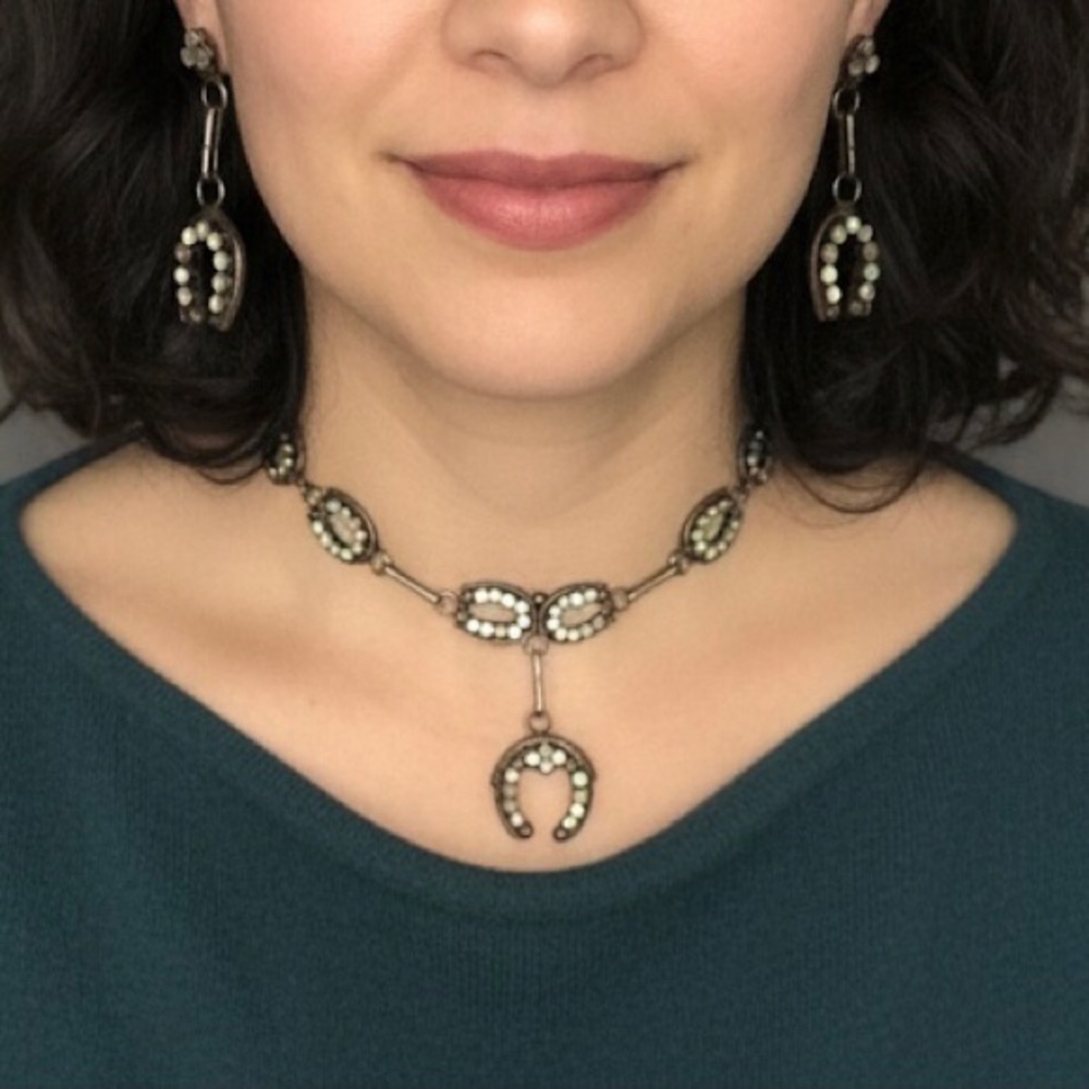 Very Rare Vtg Signed V&L Dishta Zuni Silver/Mother of Pearl/Choker Earrings Set